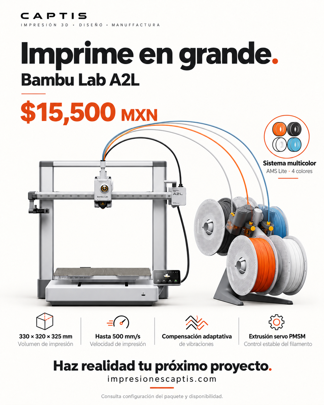 Bambu Lab A2L Combo con AMS Lite | Impresora 3D multicolor